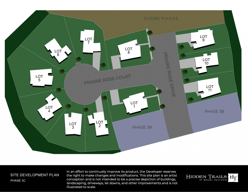 Site Plan for phase 3C at Hidden Trails in Dufferin. Shows an extension of Prairie Rose Drive with a cul-de-sac to the left called Prairie Rose Court. 11 Lots are shown